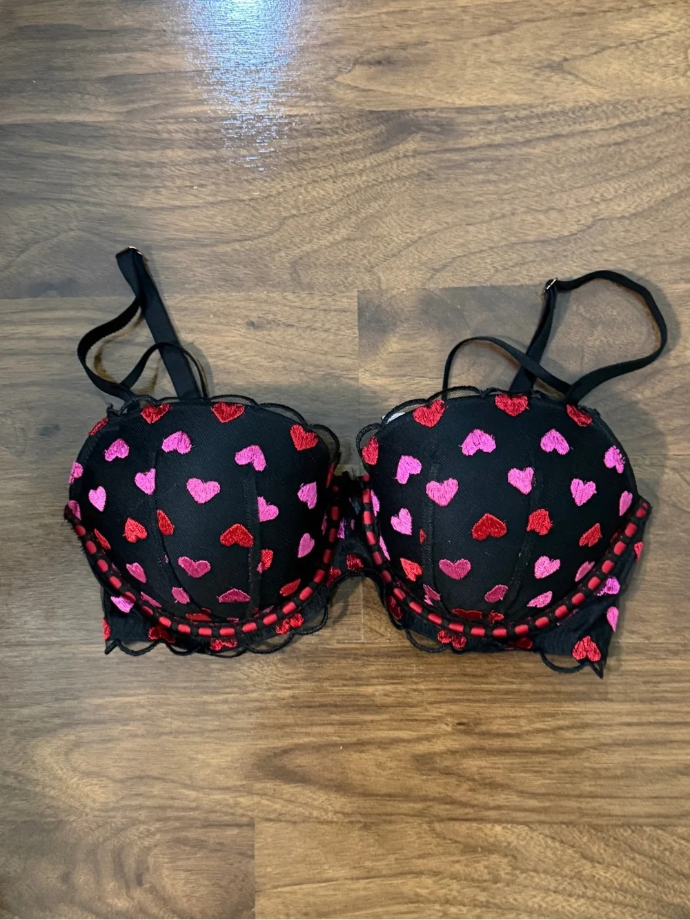 Victoria's Secret Dream Angels Black Multi Heart Embroidered Push Up Bra